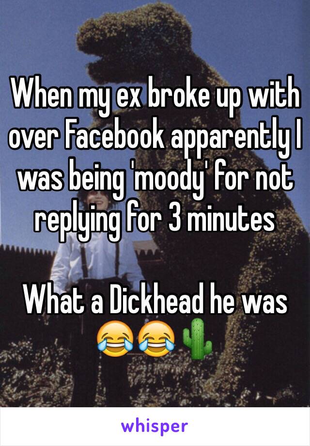 When my ex broke up with over Facebook apparently I was being 'moody' for not replying for 3 minutes 

What a Dickhead he was 😂😂🌵