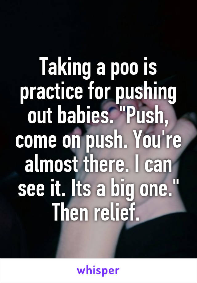 Taking a poo is practice for pushing out babies. "Push, come on push. You're almost there. I can see it. Its a big one."
Then relief. 