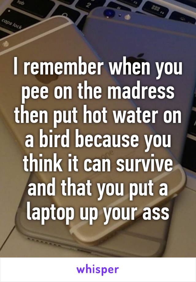 I remember when you pee on the madress then put hot water on a bird because you think it can survive and that you put a laptop up your ass