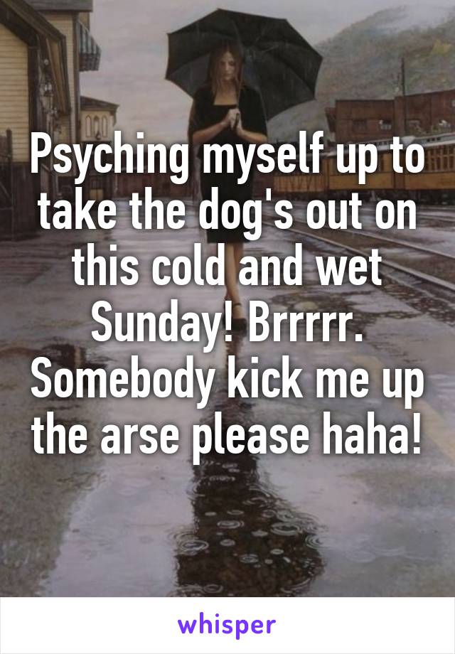 Psyching myself up to take the dog's out on this cold and wet Sunday! Brrrrr. Somebody kick me up the arse please haha! 