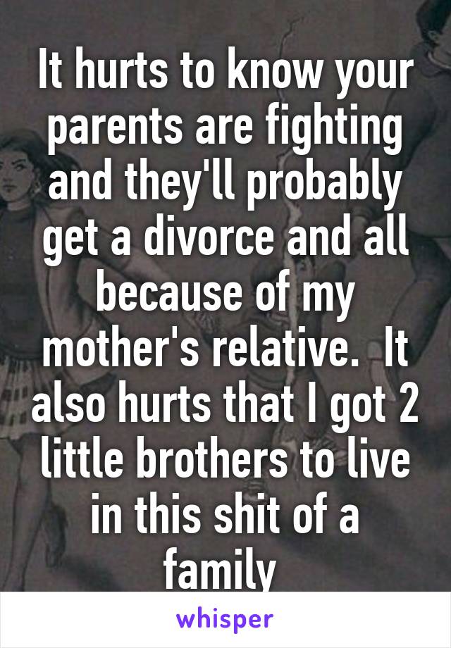 It hurts to know your parents are fighting and they'll probably get a divorce and all because of my mother's relative.  It also hurts that I got 2 little brothers to live in this shit of a family 