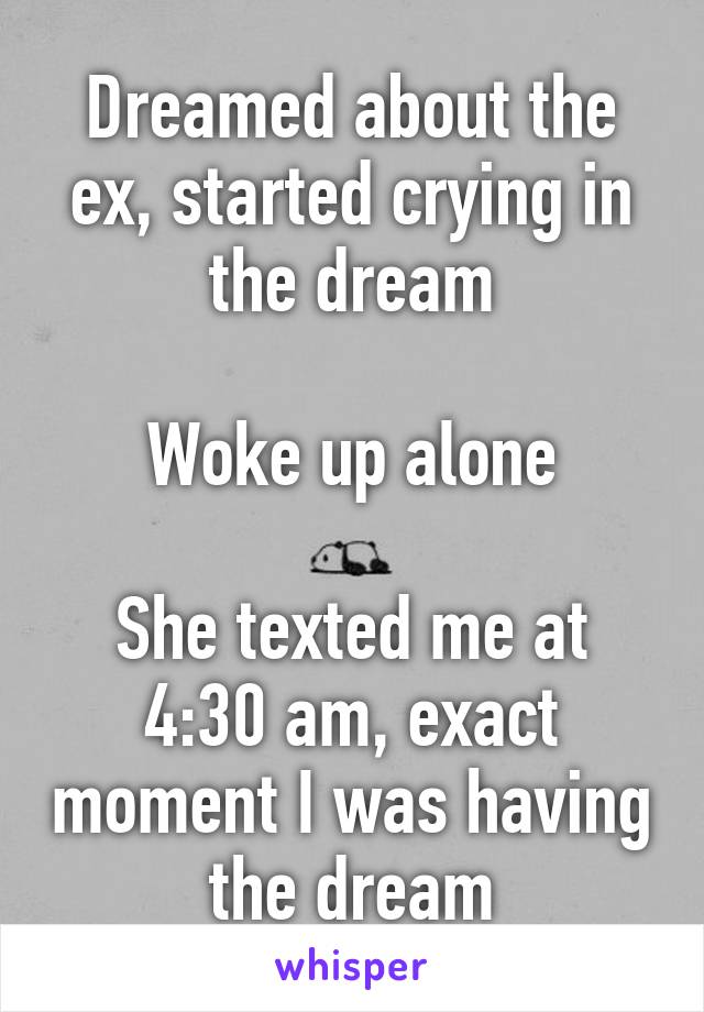 Dreamed about the ex, started crying in the dream

Woke up alone

She texted me at 4:30 am, exact moment I was having the dream