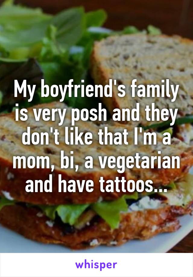 My boyfriend's family is very posh and they don't like that I'm a mom, bi, a vegetarian and have tattoos...