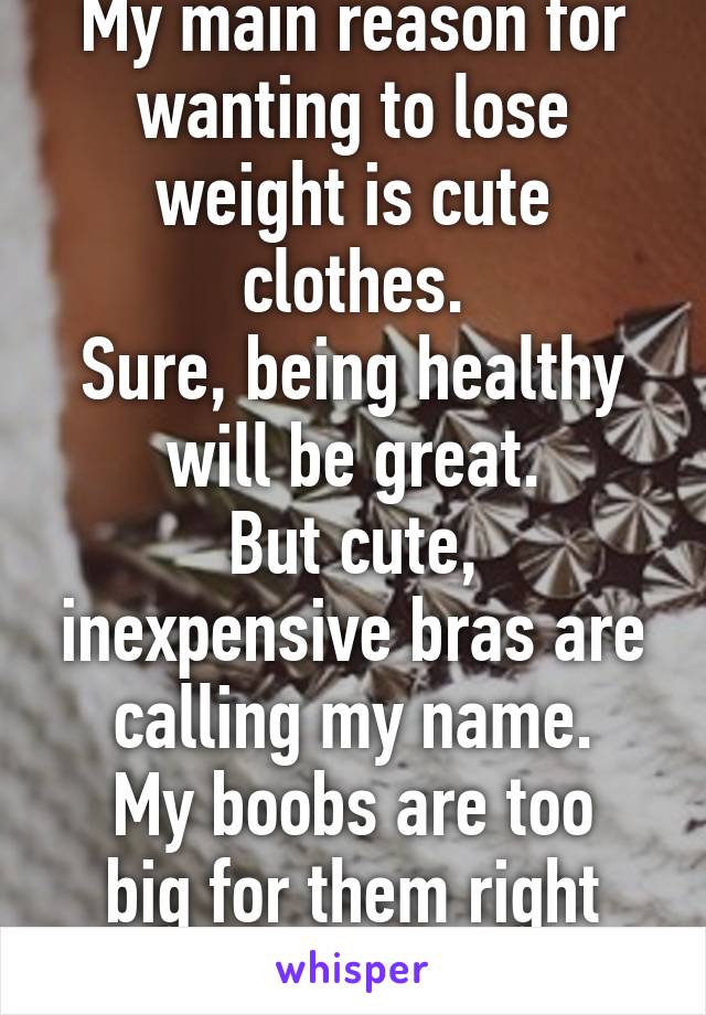 My main reason for wanting to lose weight is cute clothes.
Sure, being healthy will be great.
But cute, inexpensive bras are calling my name.
My boobs are too big for them right now.