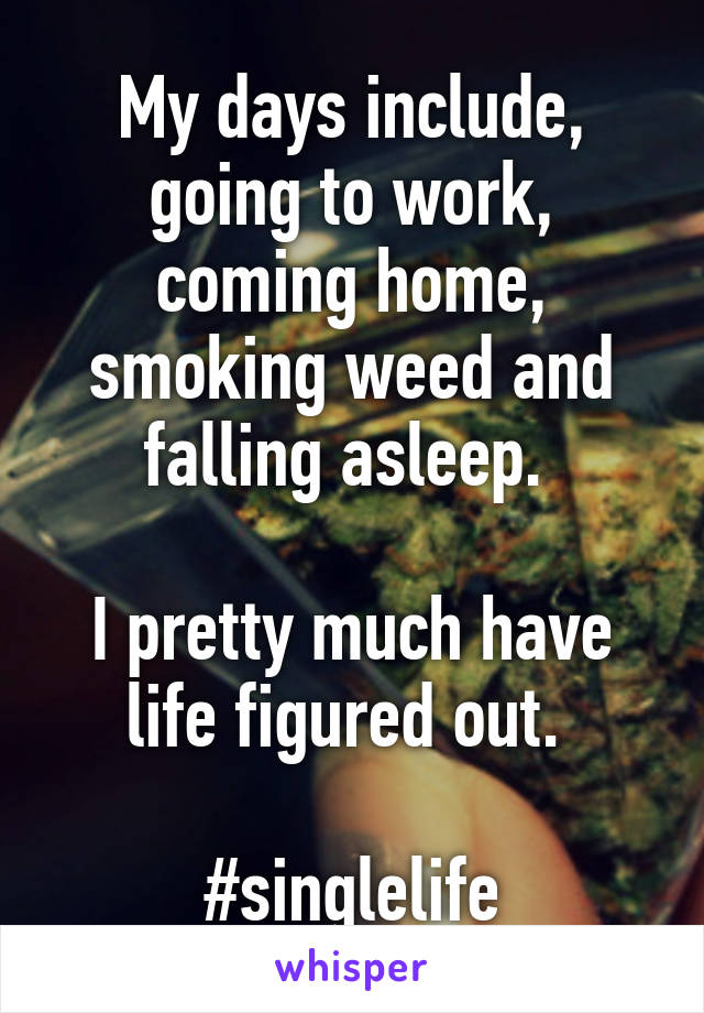 My days include, going to work, coming home, smoking weed and falling asleep. 

I pretty much have life figured out. 

#singlelife