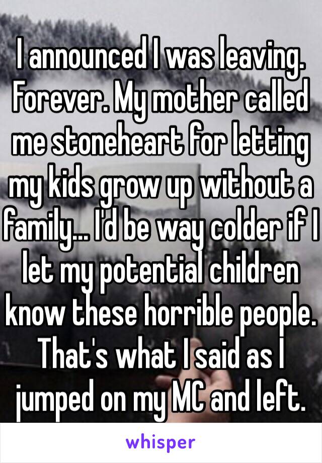 I announced I was leaving. Forever. My mother called me stoneheart for letting my kids grow up without a family... I'd be way colder if I let my potential children know these horrible people. That's what I said as I jumped on my MC and left. 