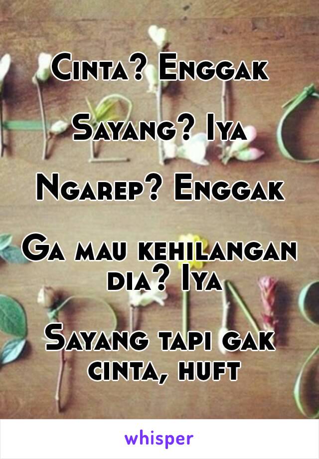 Cinta? Enggak

Sayang? Iya

Ngarep? Enggak

Ga mau kehilangan dia? Iya

Sayang tapi gak cinta, huft
