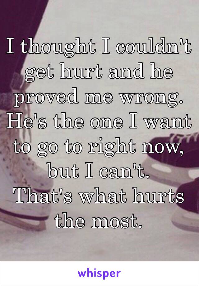 I thought I couldn't get hurt and he proved me wrong. 
He's the one I want to go to right now, but I can't. 
That's what hurts the most. 