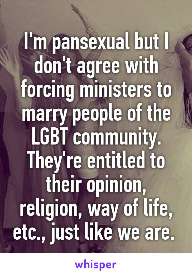 I'm pansexual but I don't agree with forcing ministers to marry people of the LGBT community. They're entitled to their opinion, religion, way of life, etc., just like we are. 