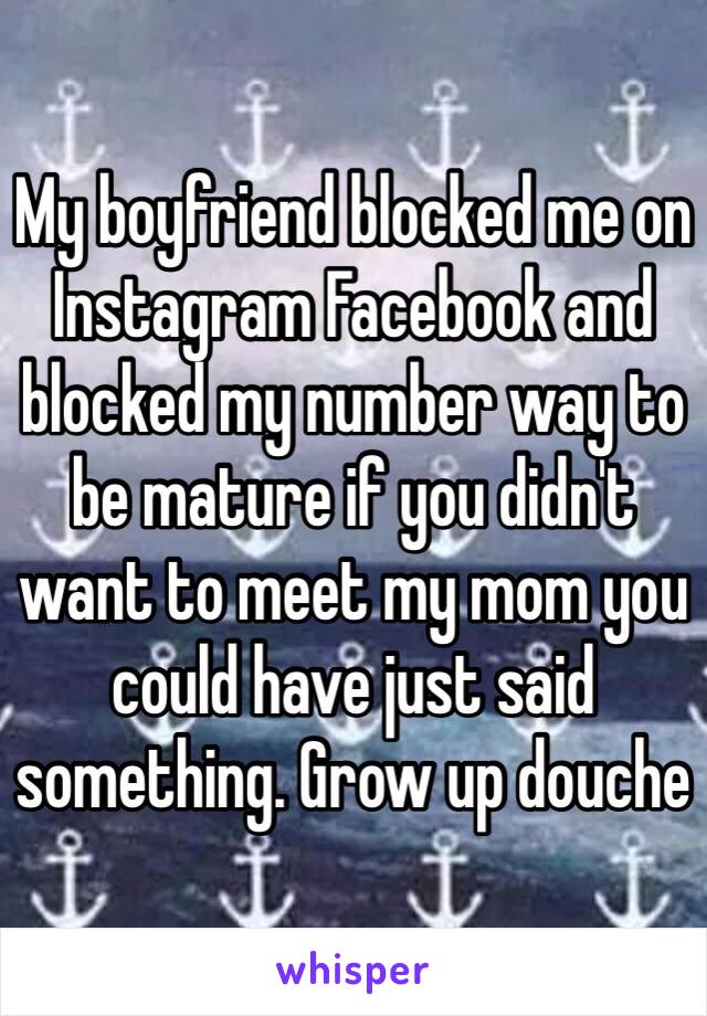 My boyfriend blocked me on Instagram Facebook and blocked my number way to be mature if you didn't want to meet my mom you could have just said something. Grow up douche 