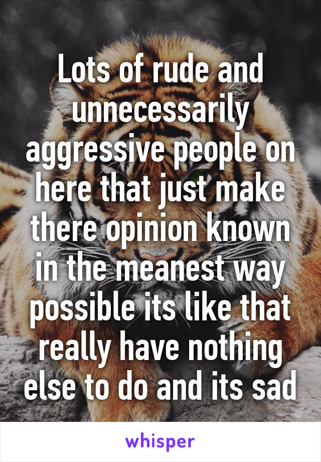 Lots of rude and unnecessarily aggressive people on here that just make there opinion known in the meanest way possible its like that really have nothing else to do and its sad