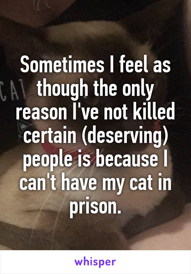 Sometimes I feel as though the only reason I've not killed certain (deserving) people is because I can't have my cat in prison.