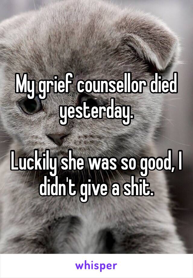 My grief counsellor died yesterday. 

Luckily she was so good, I didn't give a shit. 