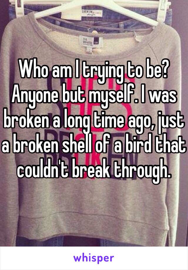 Who am I trying to be? Anyone but myself. I was broken a long time ago, just a broken shell of a bird that couldn't break through.