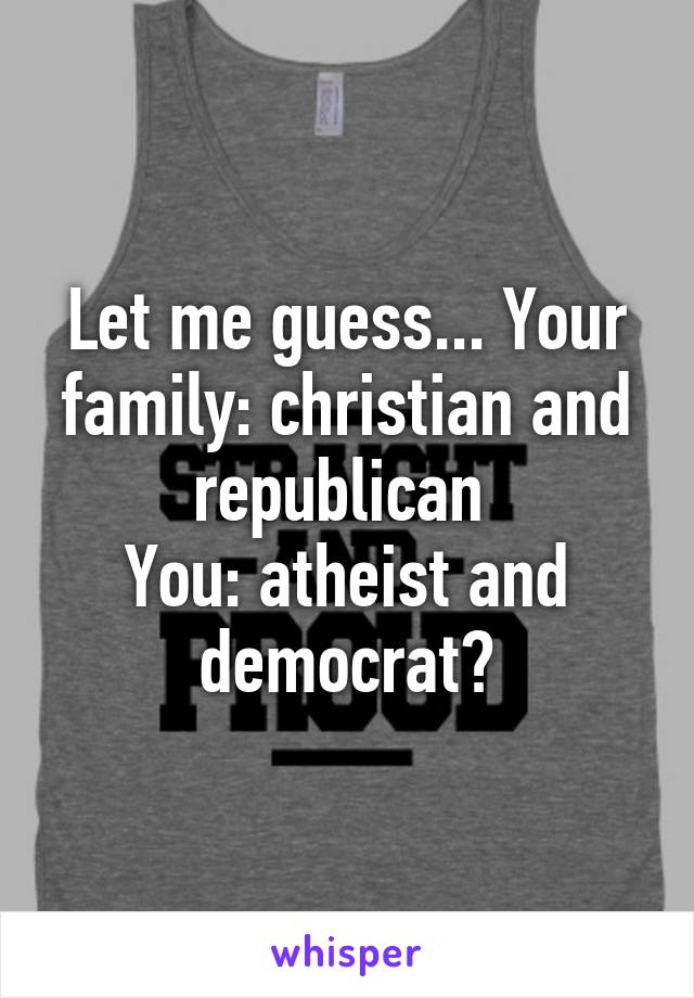 Let me guess... Your family: christian and republican 
You: atheist and democrat?