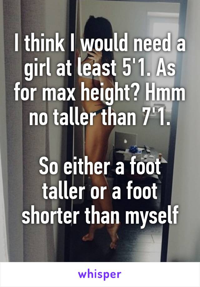 I think I would need a girl at least 5'1. As for max height? Hmm no taller than 7'1.

So either a foot taller or a foot shorter than myself
