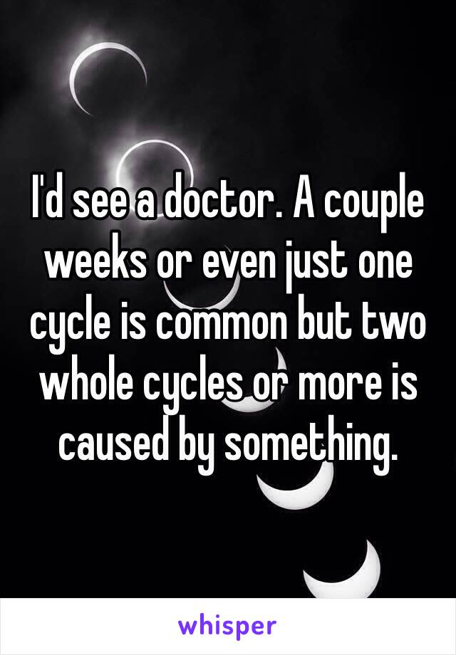 I'd see a doctor. A couple weeks or even just one cycle is common but two whole cycles or more is caused by something. 