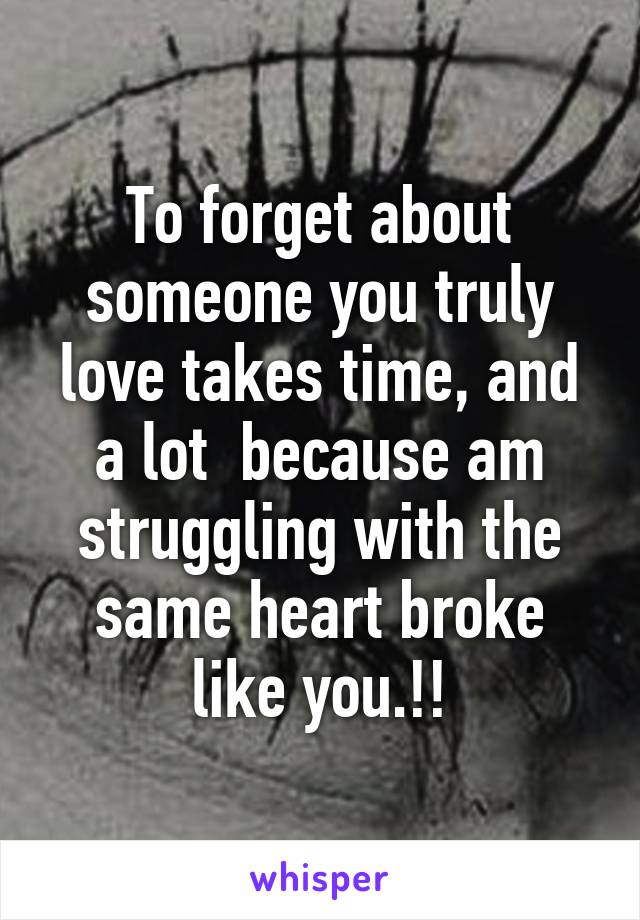 To forget about someone you truly love takes time, and a lot  because am struggling with the same heart broke like you.!!