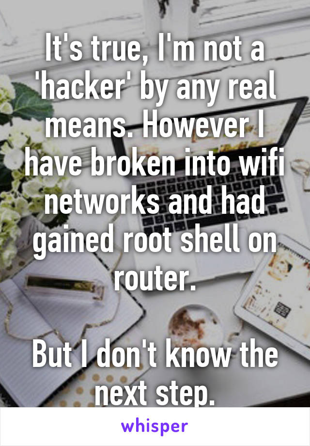 It's true, I'm not a 'hacker' by any real means. However I have broken into wifi networks and had gained root shell on router.

But I don't know the next step.