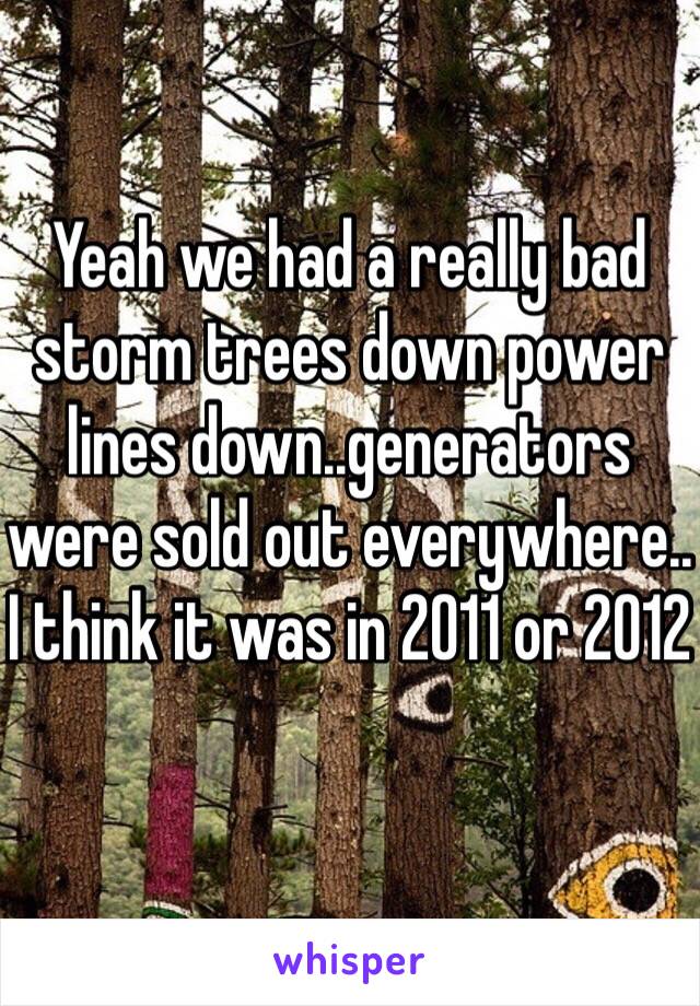 Yeah we had a really bad storm trees down power lines down..generators were sold out everywhere.. I think it was in 2011 or 2012 