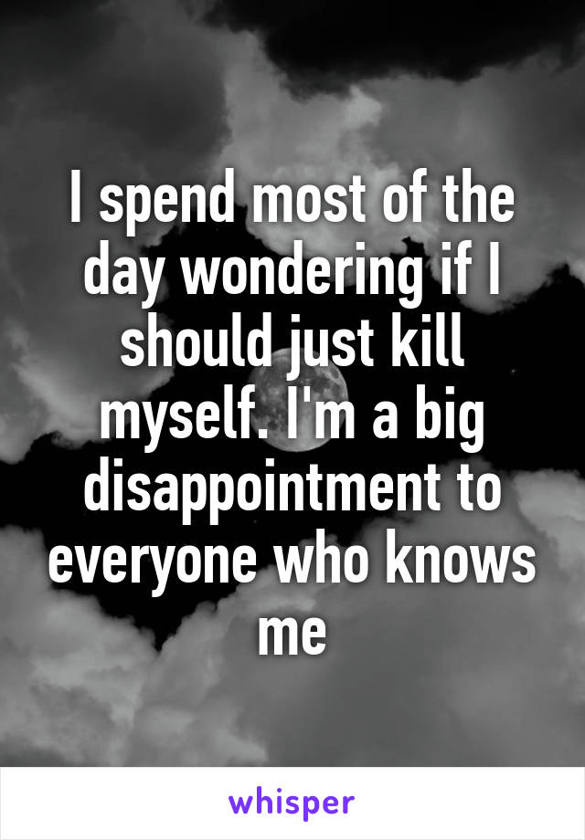 I spend most of the day wondering if I should just kill myself. I'm a big disappointment to everyone who knows me