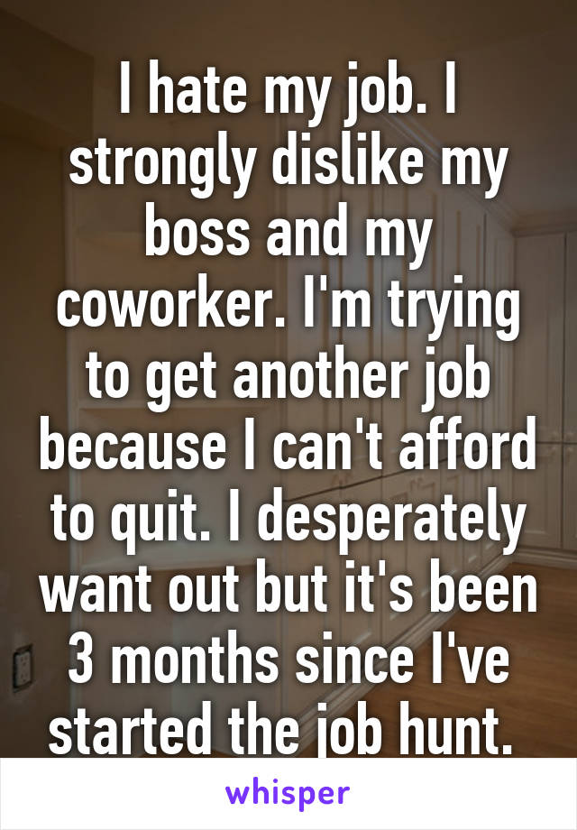 I hate my job. I strongly dislike my boss and my coworker. I'm trying to get another job because I can't afford to quit. I desperately want out but it's been 3 months since I've started the job hunt. 