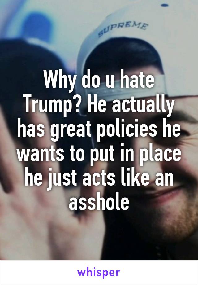 Why do u hate Trump? He actually has great policies he wants to put in place he just acts like an asshole