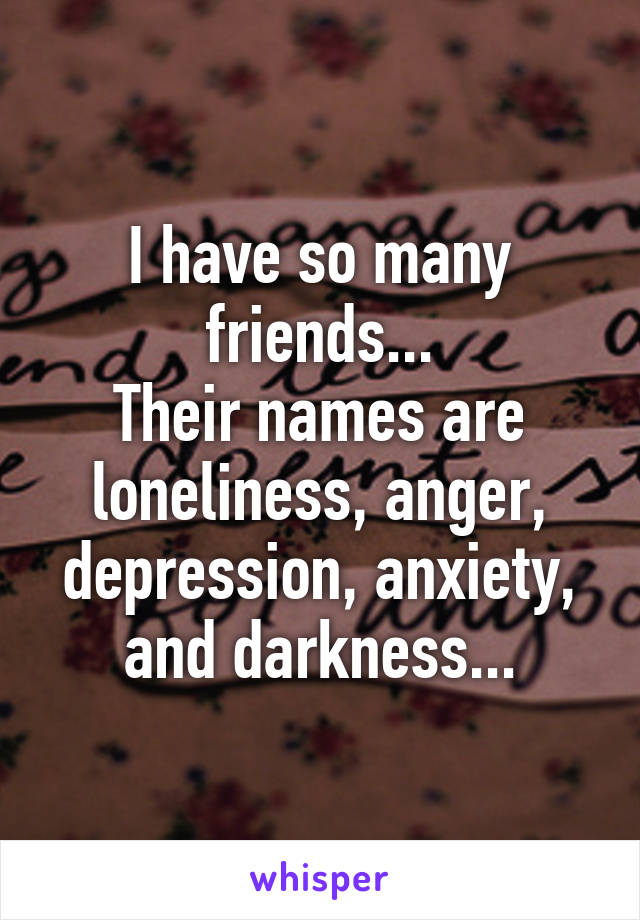 I have so many friends...
Their names are loneliness, anger, depression, anxiety, and darkness...