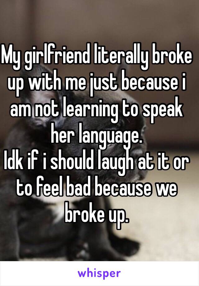 My girlfriend literally broke up with me just because i  am not learning to speak her language. 
Idk if i should laugh at it or to feel bad because we broke up. 