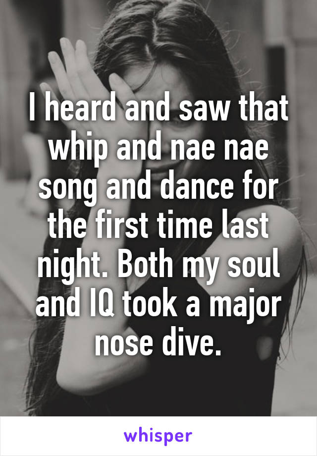 I heard and saw that whip and nae nae song and dance for the first time last night. Both my soul and IQ took a major nose dive.
