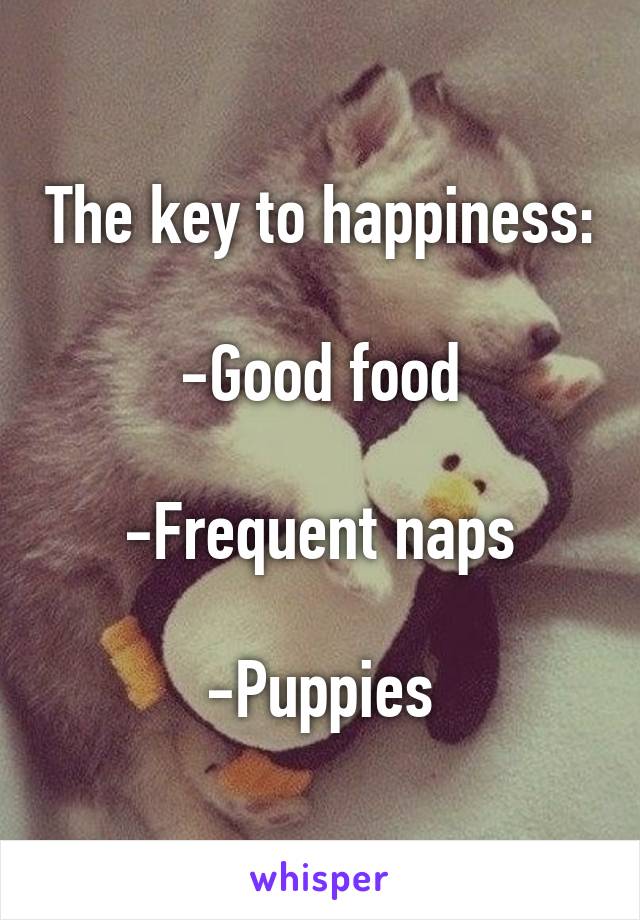 The key to happiness:

-Good food

-Frequent naps

-Puppies