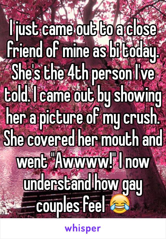 I just came out to a close friend of mine as bi today. She's the 4th person I've told. I came out by showing her a picture of my crush. She covered her mouth and went "Awwww!" I now understand how gay couples feel 😂