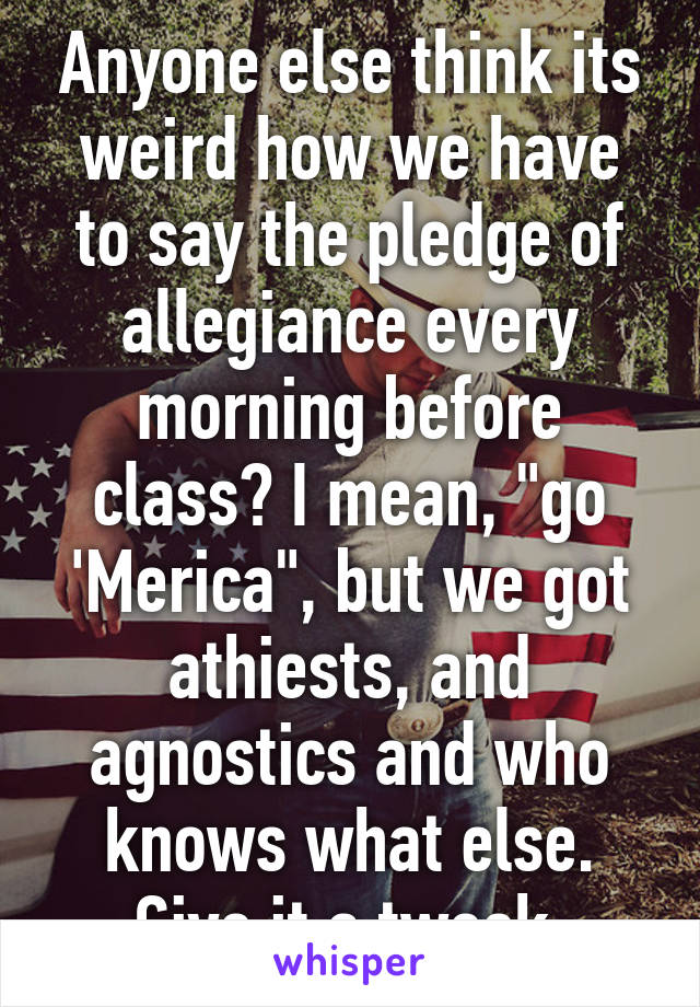 Anyone else think its weird how we have to say the pledge of allegiance every morning before class? I mean, "go 'Merica", but we got athiests, and agnostics and who knows what else. Give it a tweek.