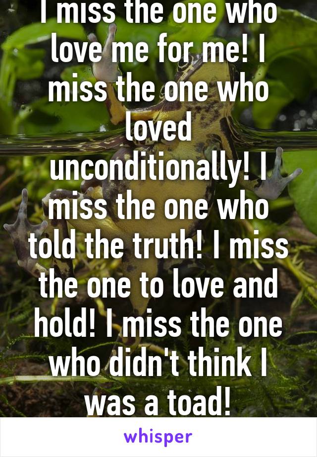 I miss the one who love me for me! I miss the one who loved unconditionally! I miss the one who told the truth! I miss the one to love and hold! I miss the one who didn't think I was a toad!

