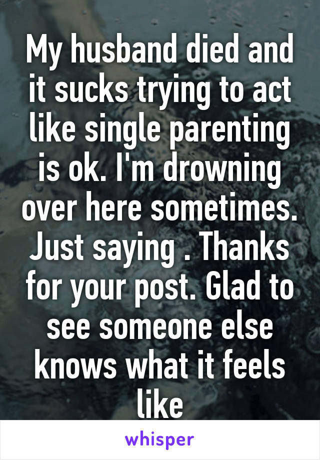 My husband died and it sucks trying to act like single parenting is ok. I'm drowning over here sometimes. Just saying . Thanks for your post. Glad to see someone else knows what it feels like