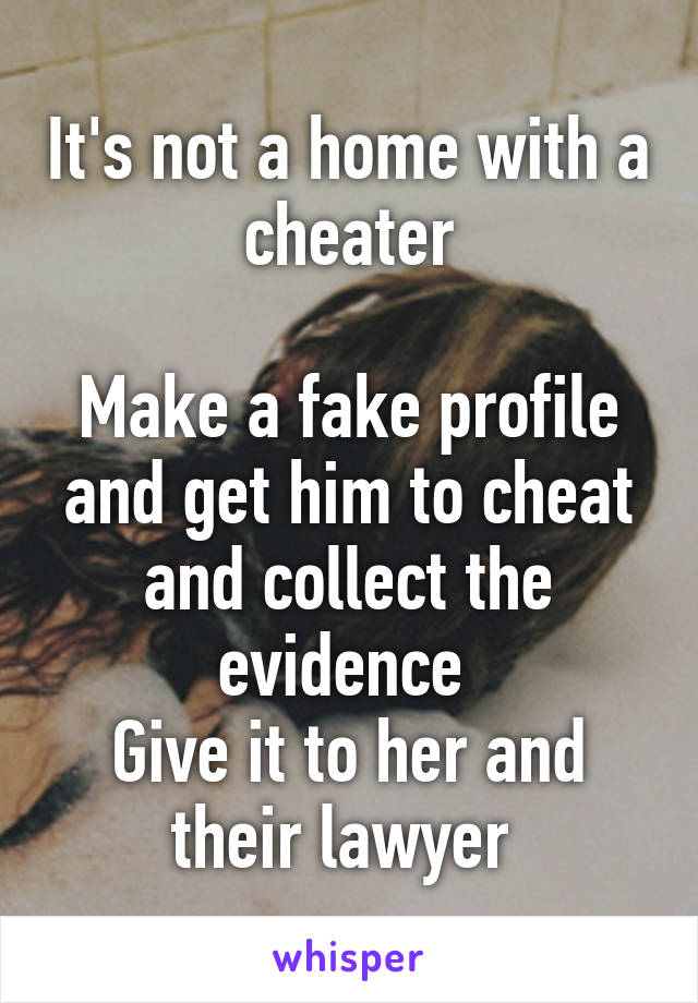 It's not a home with a cheater

Make a fake profile and get him to cheat and collect the evidence 
Give it to her and their lawyer 