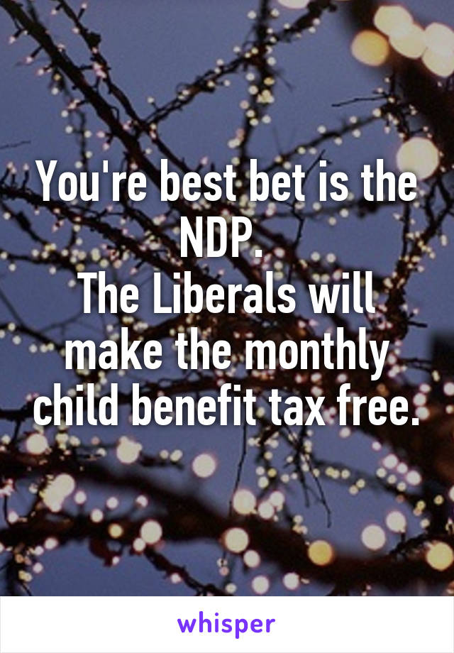You're best bet is the NDP. 
The Liberals will make the monthly child benefit tax free. 