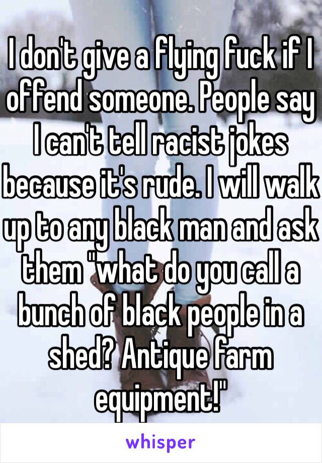 I don't give a flying fuck if I offend someone. People say I can't tell racist jokes because it's rude. I will walk up to any black man and ask them "what do you call a bunch of black people in a shed? Antique farm equipment!"