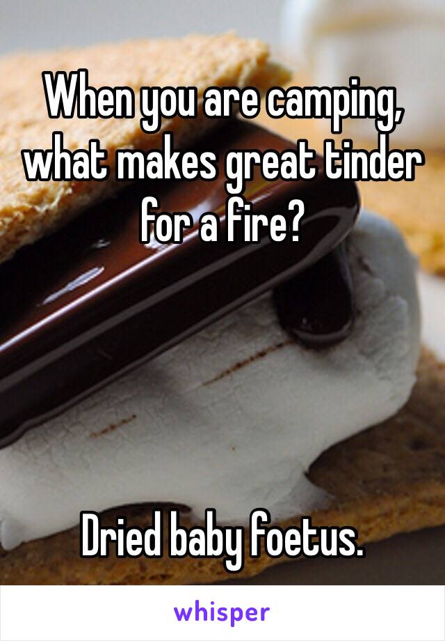 When you are camping, what makes great tinder for a fire?




Dried baby foetus.
