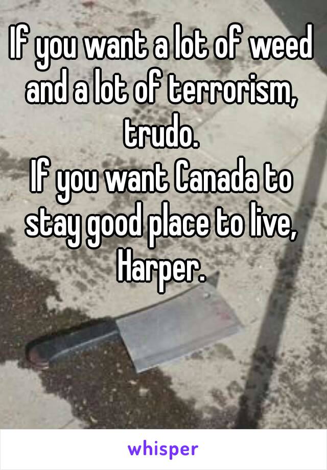 If you want a lot of weed and a lot of terrorism,  trudo. 
If you want Canada to stay good place to live,  Harper. 
