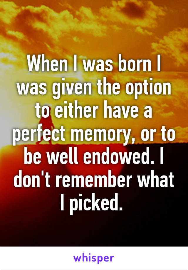 When I was born I was given the option to either have a perfect memory, or to be well endowed. I don't remember what I picked. 