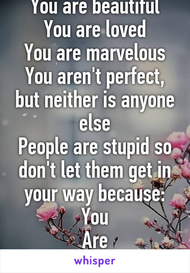You are beautiful
You are loved
You are marvelous
You aren't perfect, but neither is anyone else
People are stupid so don't let them get in your way because:
You
Are
Strong.