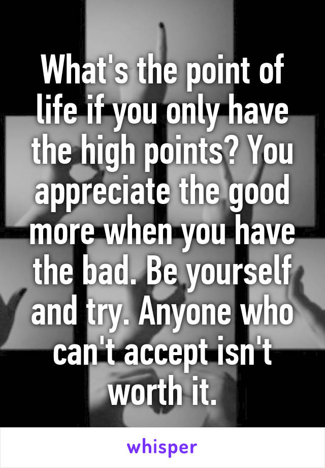 What's the point of life if you only have the high points? You appreciate the good more when you have the bad. Be yourself and try. Anyone who can't accept isn't worth it.