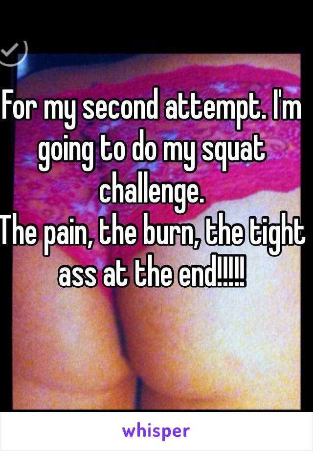 For my second attempt. I'm going to do my squat challenge. 
The pain, the burn, the tight ass at the end!!!!! 

