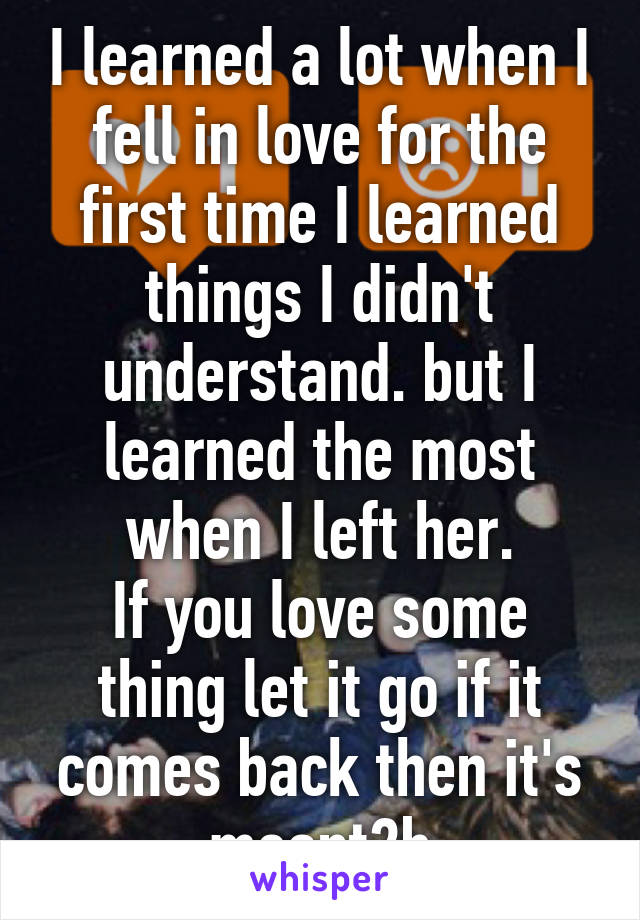 I learned a lot when I fell in love for the first time I learned things I didn't understand. but I learned the most when I left her.
If you love some thing let it go if it comes back then it's meant2b