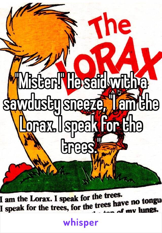 "Mister!" He said with a sawdusty sneeze, "I am the Lorax. I speak for the trees." 