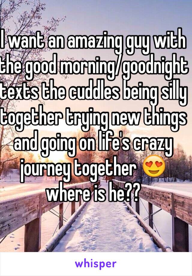 I want an amazing guy with the good morning/goodnight texts the cuddles being silly together trying new things and going on life's crazy journey together 😍 where is he??