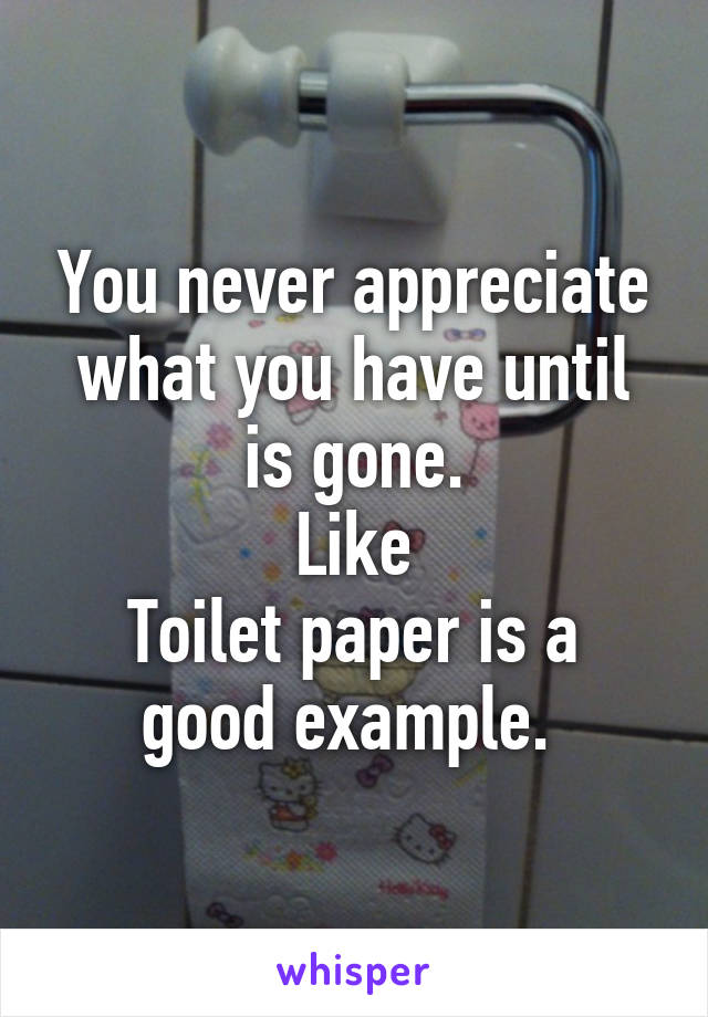 You never appreciate what you have until is gone.
Like
Toilet paper is a good example. 