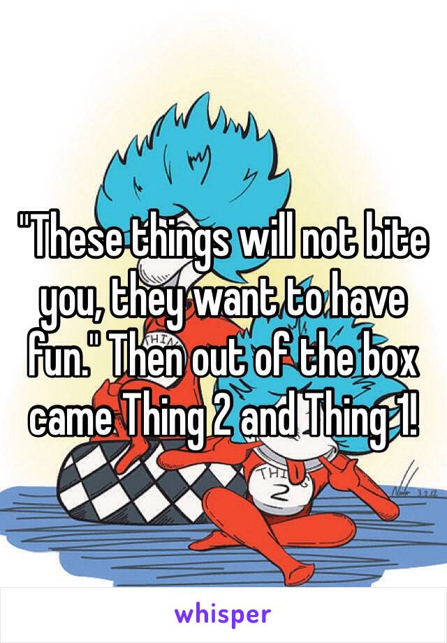 "These things will not bite you, they want to have fun." Then out of the box came Thing 2 and Thing 1!