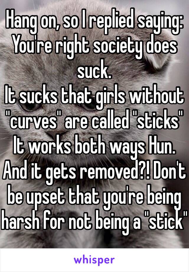 Hang on, so I replied saying: 
You're right society does suck. 
It sucks that girls without "curves" are called "sticks" 
It works both ways Hun. 
And it gets removed?! Don't be upset that you're being harsh for not being a "stick"     